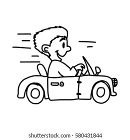 smiling businessman driving convertible or cabriolet car - illustration vector doodle hand drawn, isolated on white background