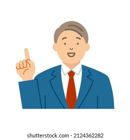 Un hombre de negocios sonriente explicando con un dedo.