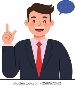 A smiling businessman in formal attire raises his finger, signaling an idea, with a speech bubble above, conveying enthusiasm and engagement in a professional setting.