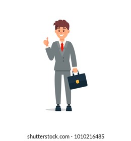 Smiling businessman in formal clothes standing and doing thumbs up, business character working in office cartoon vector Illustration