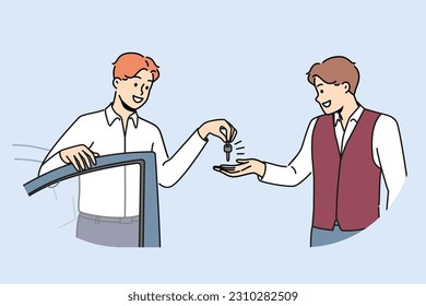 Smiling businessman give car key to staff at parking lot. Happy man ask valet to park automobile near hotel or building. Vector illustration. 