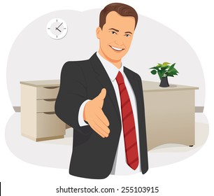 Smiling businessman is giving the hand for handshake