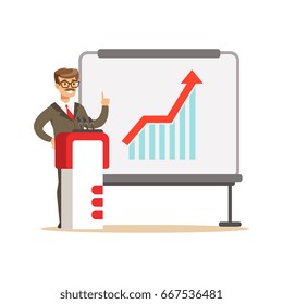 Smiling businessman giving a presentation and explaining growth graph on a whiteboard, vector Illustration