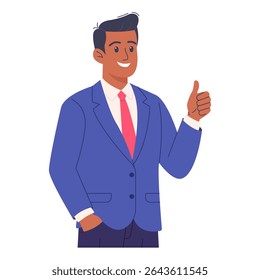 Smiling businessman giving thumbs up. Flat cartoon vector illustration of confident man in blue suit with pink tie showing approval gesture. Isolated on white background