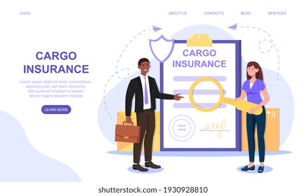 Smiling businessman is going to get his cargo insurance. Woman is checking cargo insurance with magnifier. Business deal. Website, web page, landing page template. Flat cartoon vector illustration