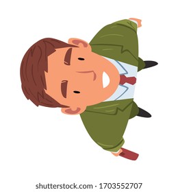 Smiling Businessman in Green Suit Standing with Briefcase Looking Up, Male Face, View from Above Vector Illustration