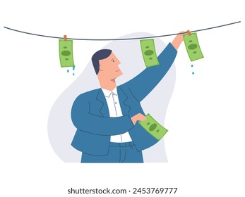 Smiling businessman hanging money on ropes. money laundering. Corruption concept