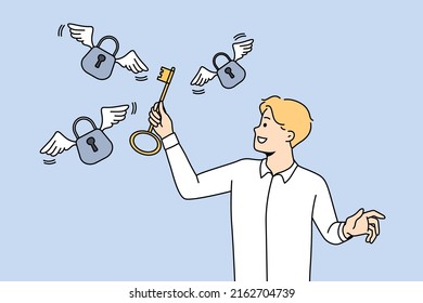 Smiling Businessman Hold Key Unlock Padlocks Solving Business Problem. Happy Male Employee Find Solution To Trouble. Achievement And Success. Vector Illustration. 