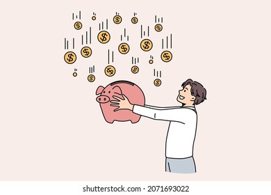 Smiling businessman hold piggybank collect dollar coins form good financial investment. Happy man receive profit or income in piggy bank from savings. Invest, finance concept. Vector illustration. 