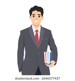 Smiling Businessman Holding Books. Flat Vector character illustration