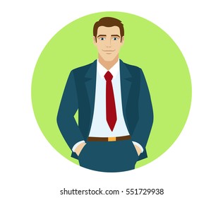 Smiling businessman holding hands in pockets. Portrait of businessman in a flat style. Vector illustration.