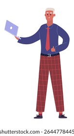Smiling businessman holding a laptop in one hand while giving a thumbs up with the other, exuding confidence and positivity in a full body portrait against a white background