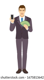 Hombre de negocios sonriente con teléfono móvil y dinero. Largo retrato de Businessman en un estilo plano. Ilustración vectorial.