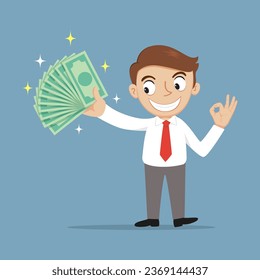 Smiling businessman holding money dollar bills in hand, illustration, vector, cartoon, EPS 10.  