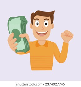 Smiling businessman holding money dollar bills in hand, illustration, vector, cartoon, EPS 10. 