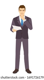 Smiling Businessman holding a paper and making hush sign. Full length portrait of Businessman in a flat style. Vector illustration.