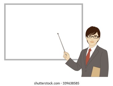 A smiling businessman holding a pointer stick standing in front of whiteboard