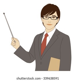 A smiling businessman holding a pointer stick
