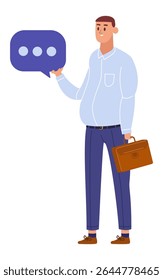Smiling businessman holding a speech bubble and briefcase is communicating a message, promoting effective communication and business networking