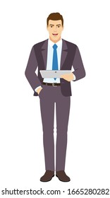 Smiling Businessman holding tablet. Full length portrait of Businessman in a flat style. Vector illustration.