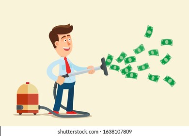 Smiling businessman holding vacuum cleaner and catching money banknotes. Easy money, mad earning - concept. Freebie and lottery. Business vector illustration, flat design, cartoon style, isolated.