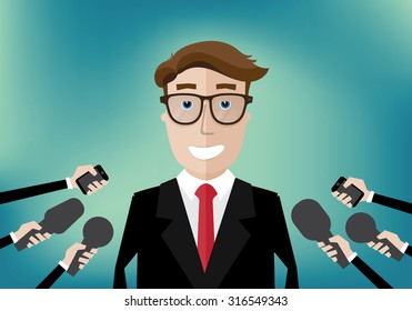 smiling businessman interviewed several journalists with microphones