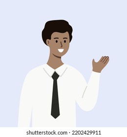 Smiling businessman introducing. Business Presentation, information guidance concept. Use for website, app. Flat cartoon style vector design illustration isolated on blue background