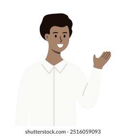 Smiling businessman introducing. Business Presentation, information guidance concept. Use for website, app. Flat vector character design illustration isolated on white background.