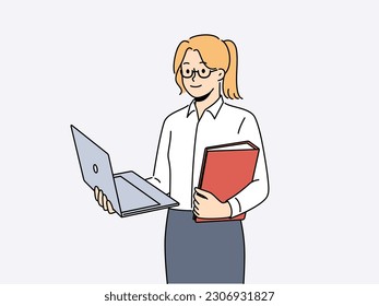 Smiling businessman with laptop and folder. Happy female employee in glasses standing busy with computer. Education and business. Vector illustration. 