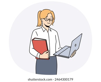 Smiling businessman with laptop and folder. Happy female employee in glasses standing busy with computer. Education and business. Vector illustration.