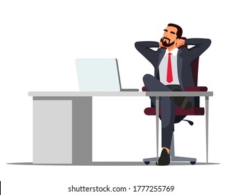 Smiling Businessman Leaned Back In Chair, Dreaming And Relax At Workplace. Man Sitting At Desk With Laptop. Vector Character Illustration Of Employee Workspace, Work Break, Office Manager Occupation