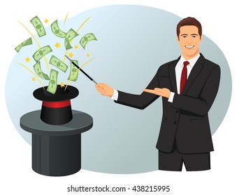 Smiling Businessman With A Magic Wand.  Money Are Coming Out Of The Magic Hat. Financial Wizard.