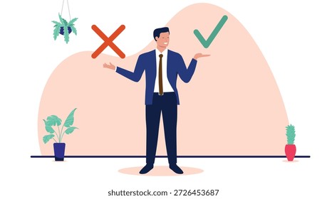 Smiling businessman making a decision between right and wrong choices with a green tick and red cross symbol for corporate ethics and problem solving in a modern flat design vector illustration