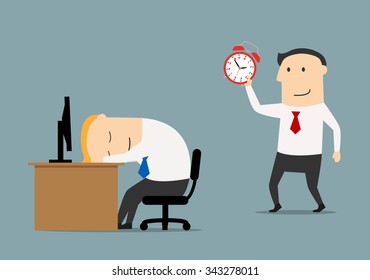 Smiling businessman or manager sneaks to sleeping colleague to wake with alarm clock, for overworked or joke concept. Flat style