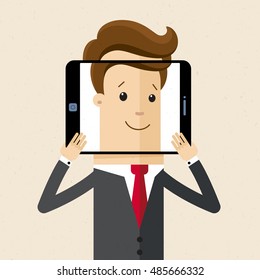 Smiling businessman or manager with tablet. 