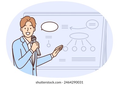 Smiling businessman with microphone make presentation at whiteboard. Happy male employee or lector present business project on flat chart. Vector illustration.
