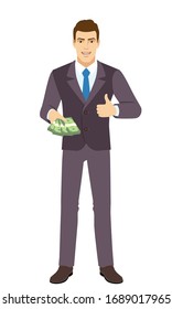 Smiling Businessman with money shows thumb up. Full length portrait of Businessman in a flat style. Vector illustration.