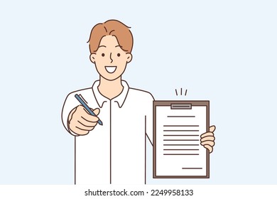 Un hombre de negocios sonriente ofrece un contrato de papel y un bolígrafo para firmar. Un empleador o jefe de confianza da un contrato de papeleo para firmar. Empleo. Ilustración vectorial. 