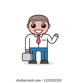 Smiling businessman in office style clothes greets. Cartoon character design. Front view