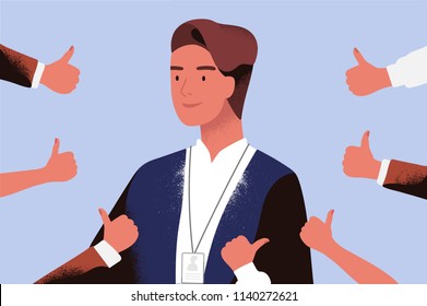 Smiling businessman or office worker surrounded by hands demonstrating thumbs up. Concept of professional acknowledgement, recognition, public approval and respect. Flat cartoon vector illustration