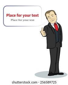 Smiling  businessman on white background. Cartoon character. Template with place for text