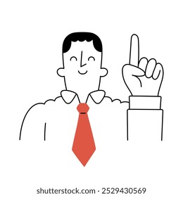Smiling businessman pointing upward with one finger. Concept of giving advice or making a key point. Illustration of a confident professional gesture. Doodle illustration - editable stroke.