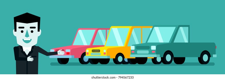 Smiling businessman points to new cars. Car dealer, win prize, wide banner. Flat style vector illustration