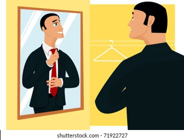 Smiling businessman preparing for new working day in front of mirror