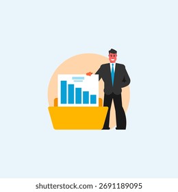 Ein lächelnder Geschäftsmann, der ein Balkendiagramm aus einem großen Dokumentenordner präsentiert, das Finanzberichterstattung, Datenanalyse, Dokumentenorganisation und Einblicke in das Unternehmenswachstum oder den Rückgang darstellt.