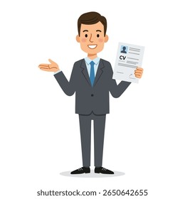 Empresário sorridente apresentando um CV.