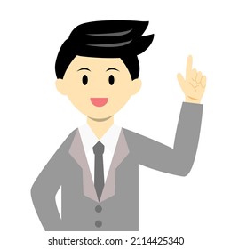 Smiling businessman put his right hand on his waist and left hand point up to the sky cartoon vector