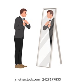 Smiling businessman putting on necktie while looking in the mirror and standing. Flat vector illustration isolated on white background