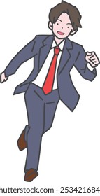 A smiling businessman running energetically with a fresh and vibrant attitude