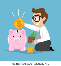 Smiling businessman saving money putting a coin inside piggy bank, illustration, vector, cartoon, EPS 10.  